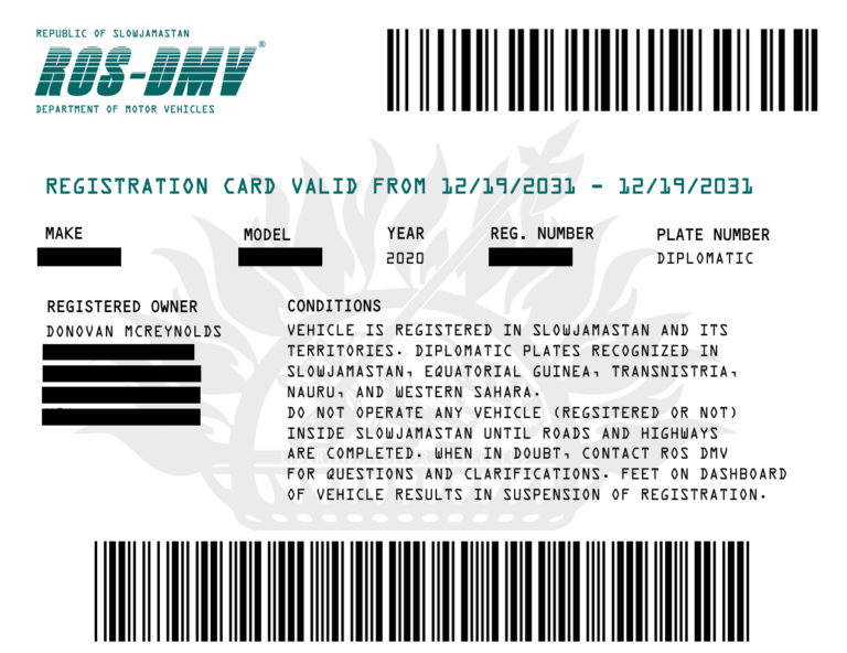 Diplomatic License Plate and Registration The Republic of Slowjamastan